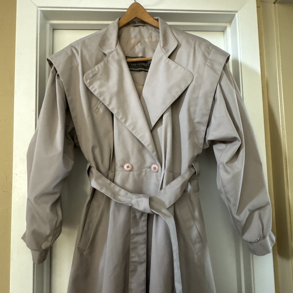 Vintage 80s Fleet Street Belted Trench Coat Puffy Sleeve Overcoat Size 12